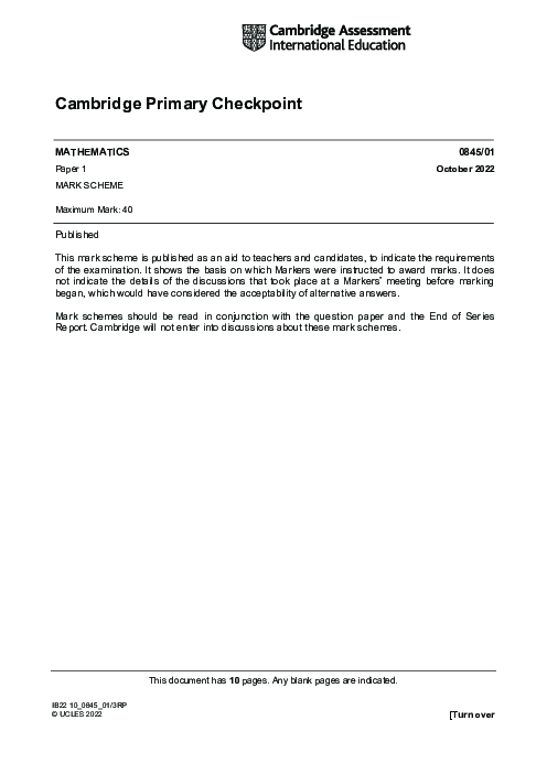 MATHEMATICS 0845,01 October 2022 | Cambridge Primary Checkpoint Past Papers with Mark Schemes