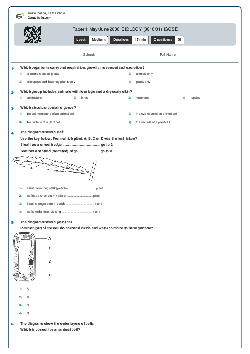 Paper 1 May/June 2006 BIOLOGY (0610/01) IGCSE