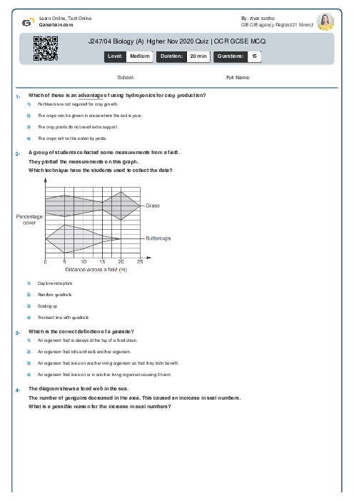 J247/04 Biology (A) Higher Nov 2020 Quiz | OCR GCSE MCQ