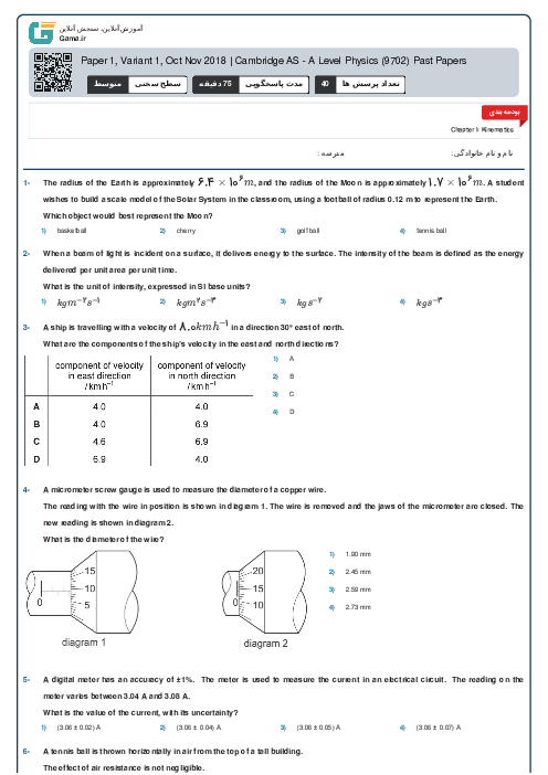 Paper 1, Variant 1, Oct Nov 2018 | Cambridge AS - A Level Physics (9702) Past Papers