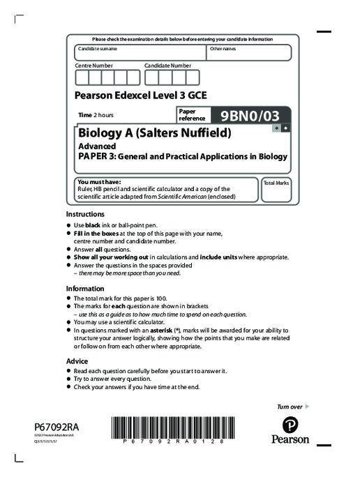  Biology (A) 9BN0/03 May June  2022 | Edexcel  A Level Past Papers With Mark Scheme