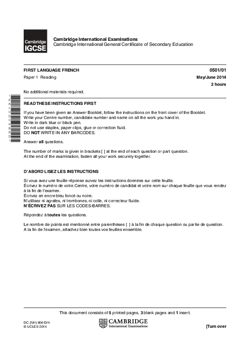 French First Language 0501/01 May June 2014