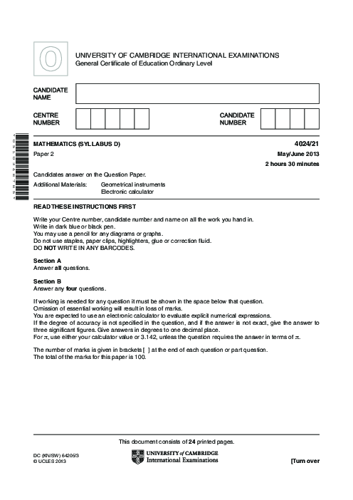 Mathematics Syllabus D 4024/21 Oct Nov 2012