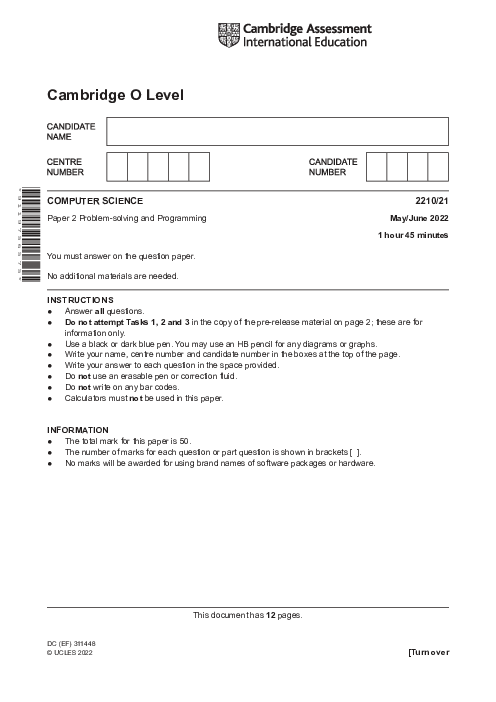  Computer Science 2210/21 May June 2022 | Cambridge O-Level Past Papers With Mark Scheme