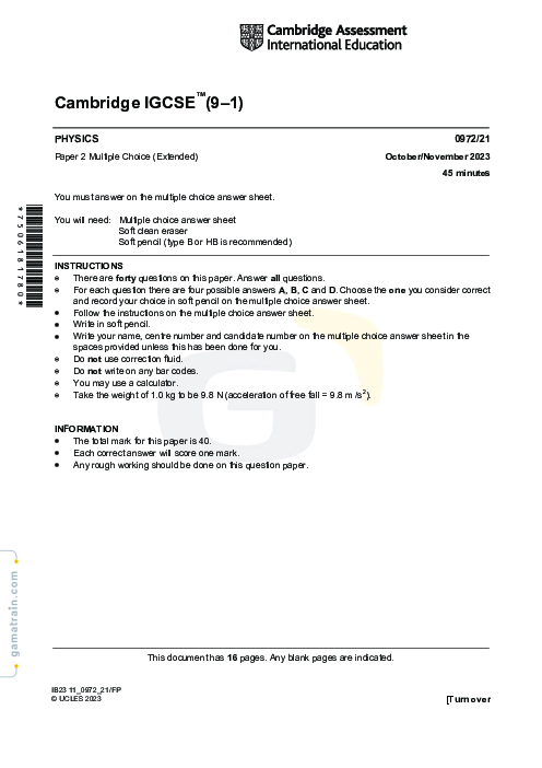 Physics 0972/21 Oct Nov 2023