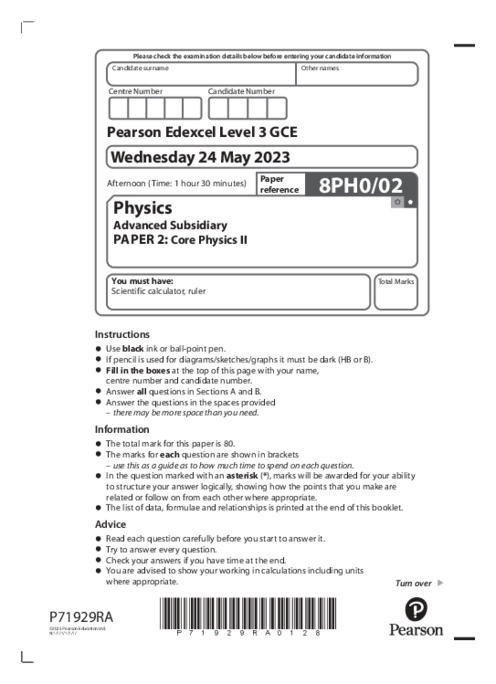  Physics 8PH0/02 May June  2023 | Edexcel  AS Level Past Papers With Mark Scheme