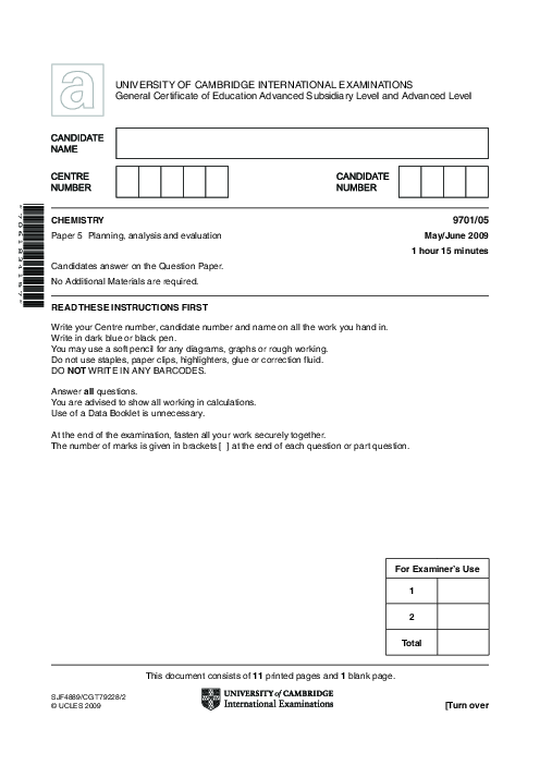 Chemistry 9701/12 Oct Nov 2009 | Cambridge AS Level Past Papers With Mark Scheme