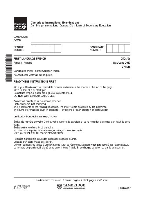 French First Language 0501/01 May June 2017