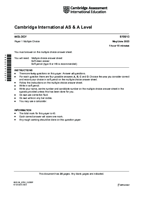 Biology 9700/12 May June 2023 | Cambridge AS Level Past Papers With Mark Scheme