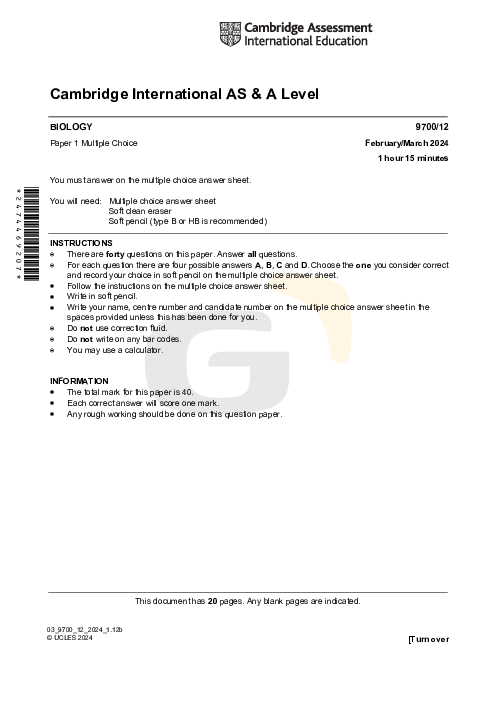 Biology 9700/12 March 2024 | Cambridge AS Level Past Papers With Mark Scheme