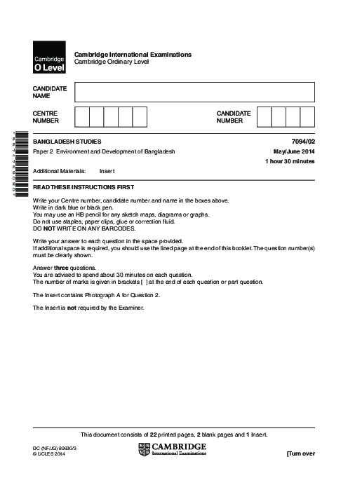  Bangladesh Studies 7094/02 May June 2013 | Cambridge O-Level Past Papers With Mark Scheme