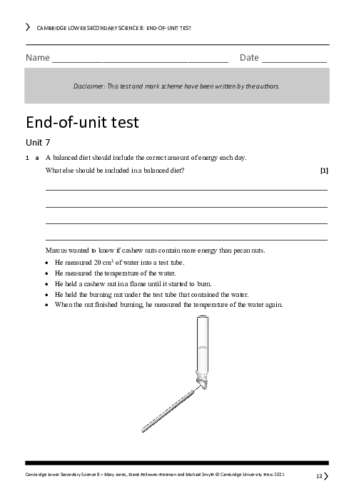 Year 8 Science End of Unit 7 Test - Answers Included