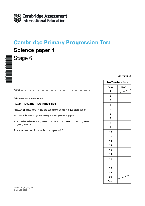 Cambridge Progression Test Stage 6 Science 2018 Paper 1