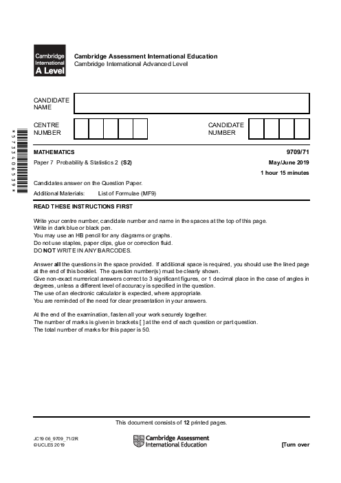 Mathematics 9709/71 May June 2019 | Cambridge AS & A Level Past Papers With Mark Scheme