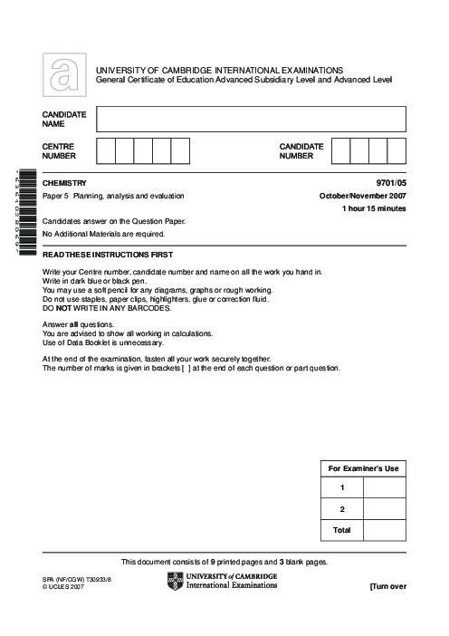 Chemistry 9701/04 Oct Nov 2007 | Cambridge AS Level Past Papers With Mark Scheme