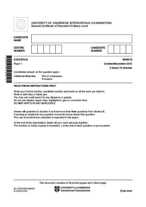  Statistics 4040/12 Oct Nov 2013 | Cambridge O-Level Past Papers With Mark Scheme