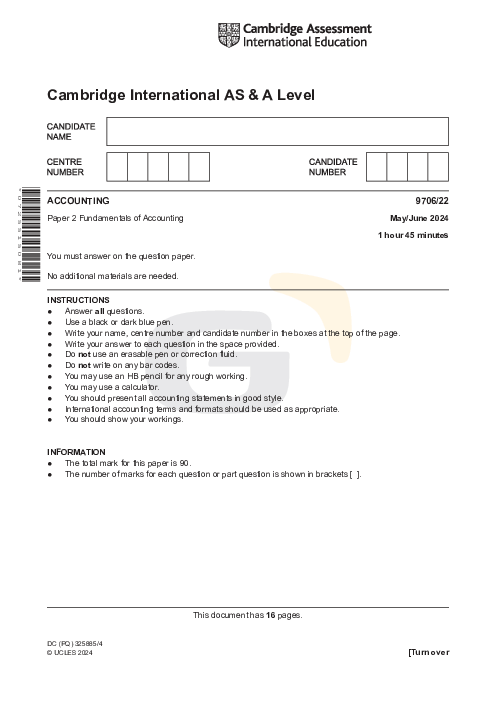 Accounting 9706/22 May June 2024 | Cambridge AS Level Past Papers With Mark Scheme