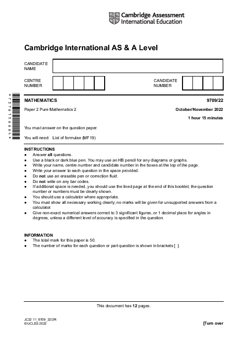 Mathematics 9709/13 Oct Nov 2022 | Cambridge AS & A Level Past Papers With Mark Scheme