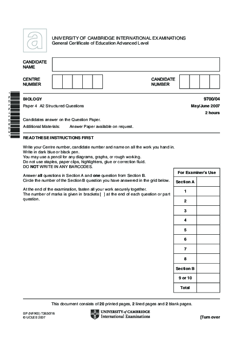 Biology 9700/05 May June 2007 | Cambridge AS Level Past Papers With Mark Scheme