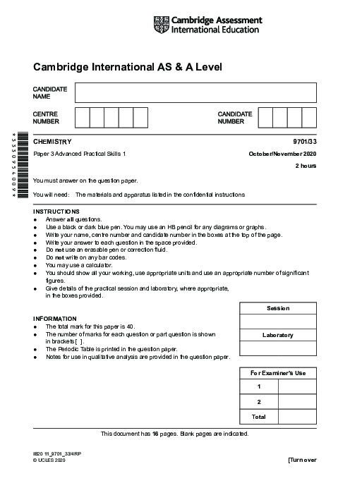 Chemistry 9701/23 Oct Nov 2020 | Cambridge AS Level Past Papers With Mark Scheme