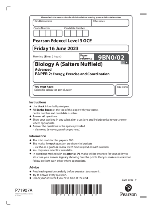  Biology (A) 9BN0/02 May June  2023 | Edexcel  A Level Past Papers With Mark Scheme