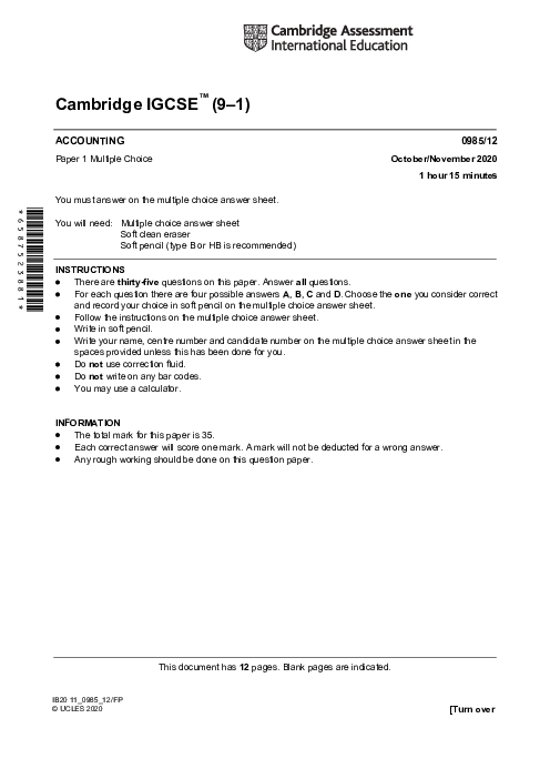 Accounting 0985/12 Oct Nov 2020 | Cambridge 9–1 IGCSE Past Papers With Mark Scheme