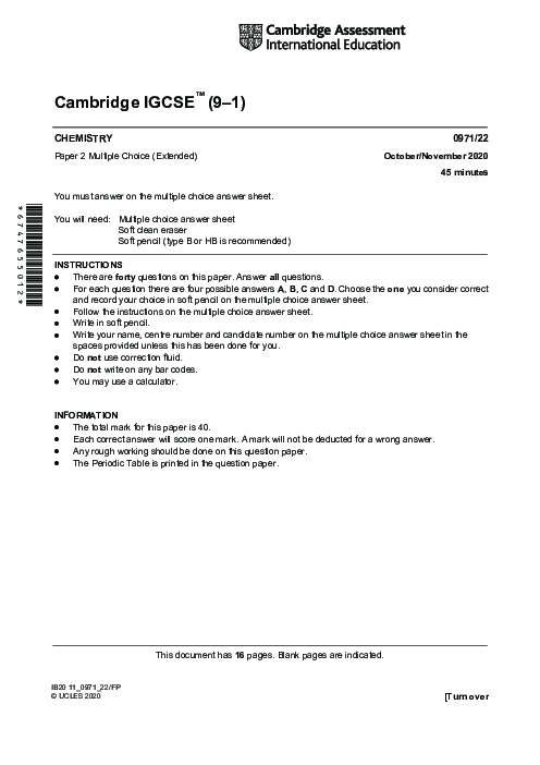  Chemistry 0971/22 Oct Nov 2020 | Cambridge 9–1 IGCSE Past Papers With Mark Scheme