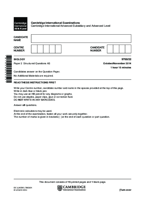 Biology 9700/21 Oct Nov 2014 | Cambridge AS Level Past Papers With Mark Scheme