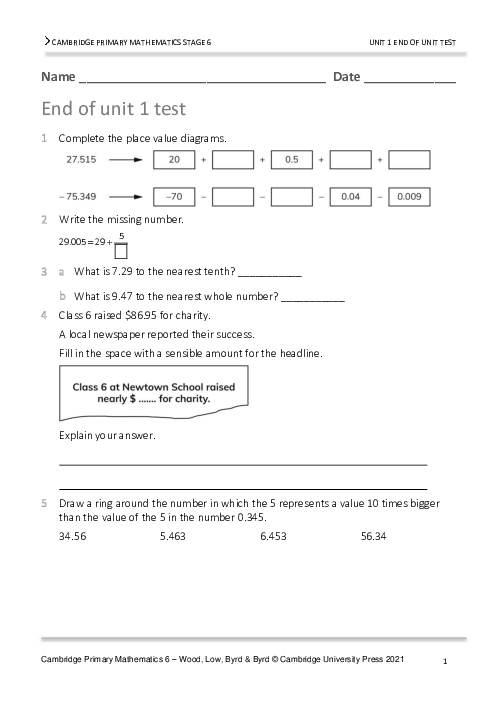 Year 6 Mathematics End of Unit 1 Test - Answers Included