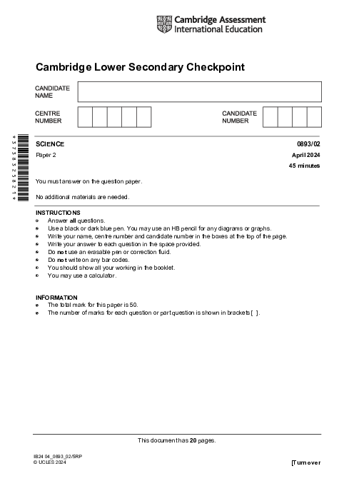  SCIENCE 0893,02 April 2024 | Cambridge Lower secondary Checkpoint Past Papers with Mark Schemes