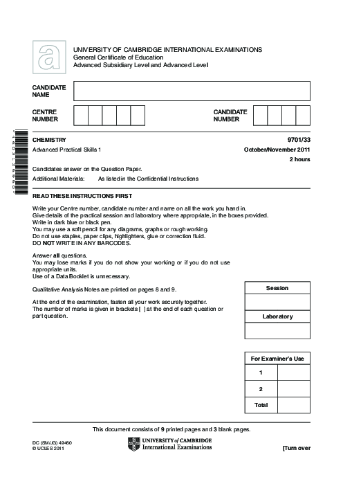 Chemistry 9701/35 Oct Nov 2011 | Cambridge AS Level Past Papers With Mark Scheme