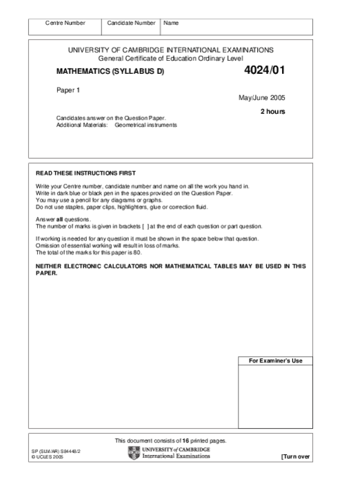 Mathematics Syllabus D 4024/01 Oct Nov 2004