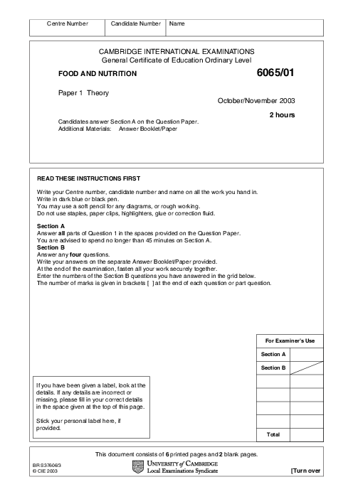 Food & Nutrition 6065/01 Oct Nov 2003