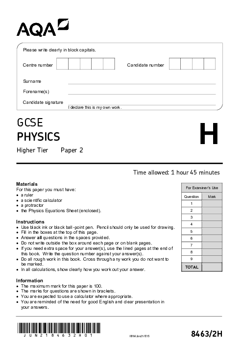 Physics 8463/2H June 2021