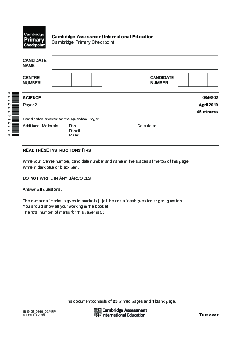 SCIENCE 0846,02 April 2019 | Cambridge Primary Checkpoint Past Papers with Mark Schemes