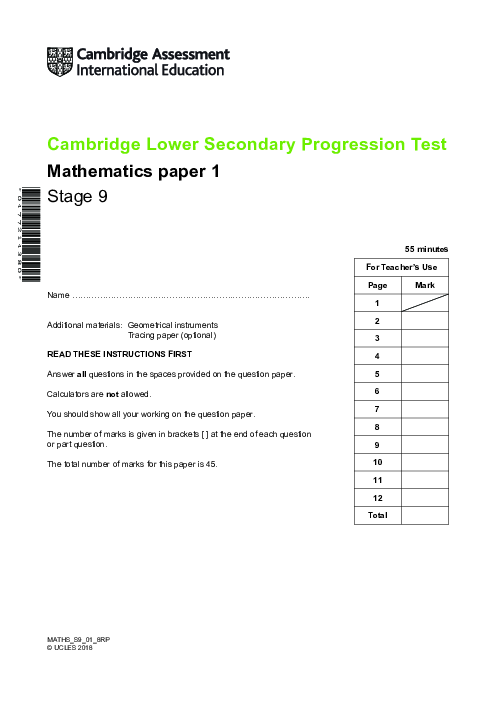 Cambridge Progression Test Stage 9 Mathematics 2018 Paper 1