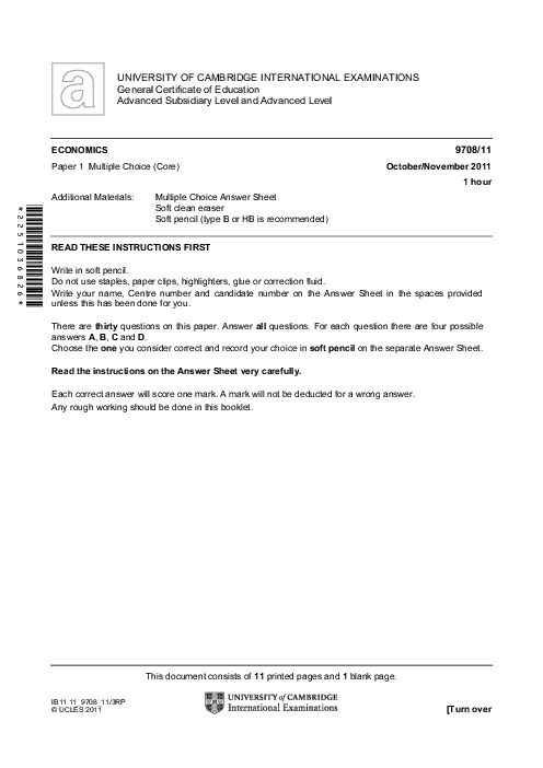 Paper 1, Variant 1, Oct Nov 2011 | Cambridge AS - A Level Economics (9708) Past Papers