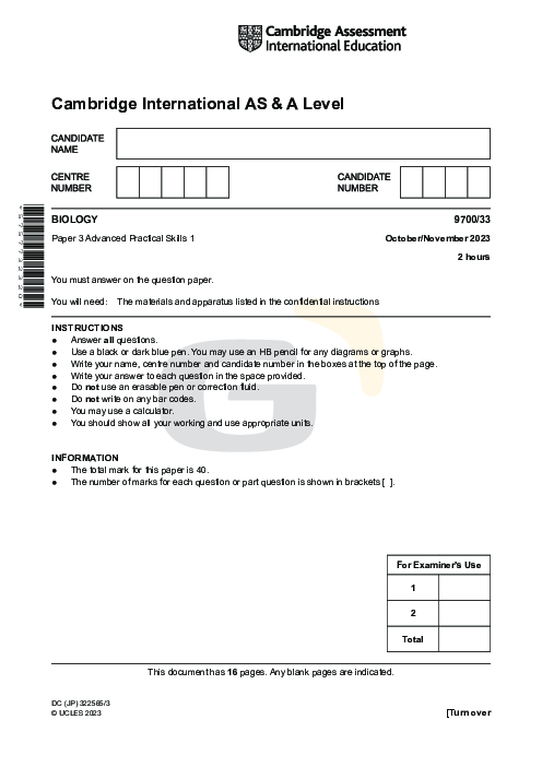 Biology 9700/33 Oct Nov 2023 | Cambridge AS Level Past Papers With Mark Scheme