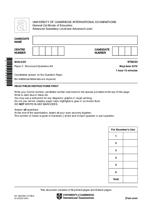 Biology 9700/13 May June 2012 | Cambridge AS Level Past Papers With Mark Scheme