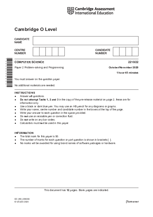  Computer Science 2210/12 May June 2021 | Cambridge O-Level Past Papers With Mark Scheme