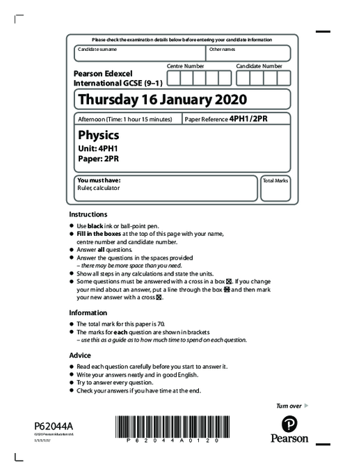  Physics 4PH1/2PR January  2020 | Edexcel  IGCSE Past Papers With Mark Scheme