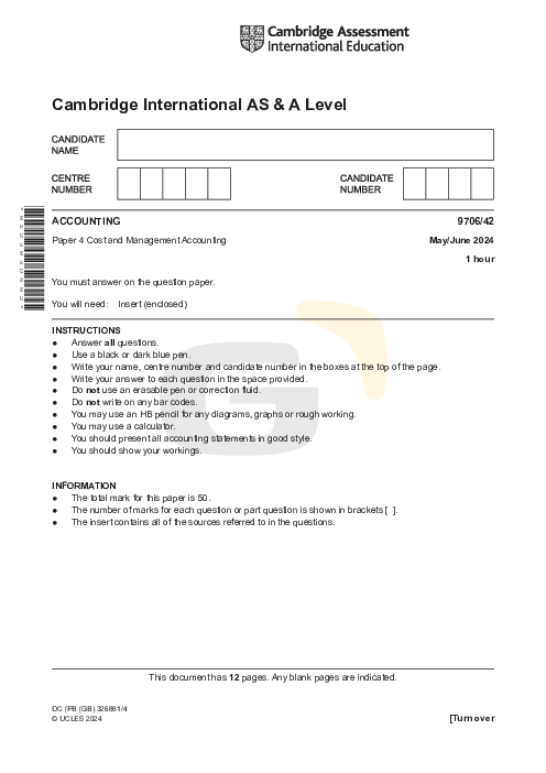 Accounting 9706/42 May June 2024 | Cambridge AS Level Past Papers With Mark Scheme