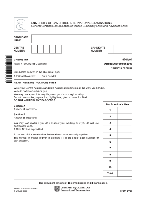Chemistry 9701/04 Oct Nov 2008 | Cambridge AS Level Past Papers With Mark Scheme