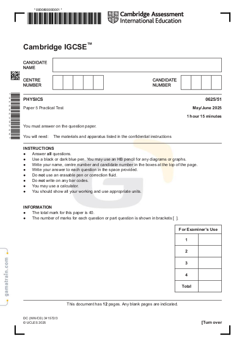 Physics 0625/51 May June 2025