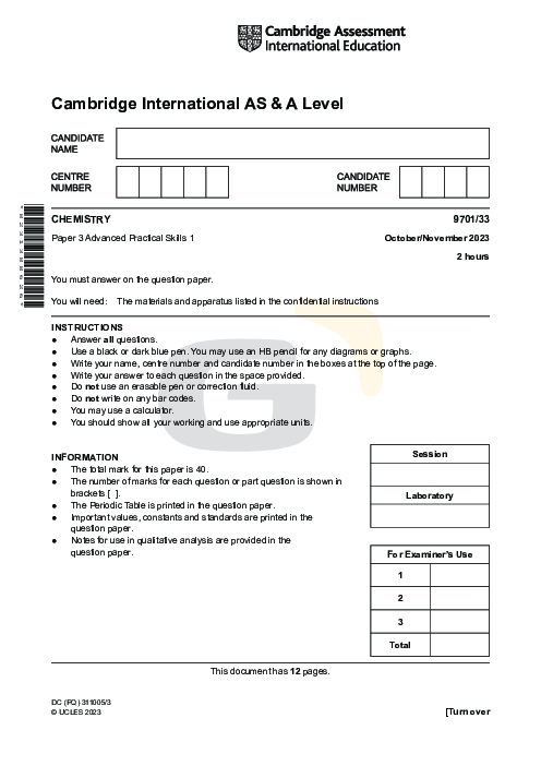 Chemistry 9701/33 Oct Nov 2023 | Cambridge AS Level Past Papers With Mark Scheme