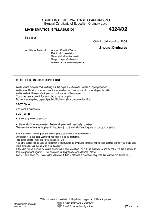 Mathematics Syllabus D 4024/02 Oct Nov 2003