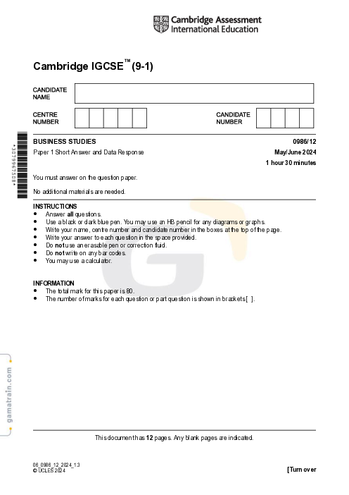 Business Studies 0986/12 May June 2024