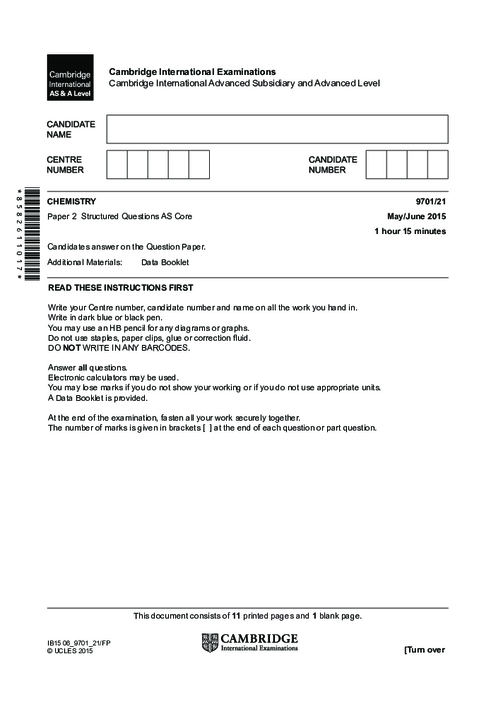 Chemistry 9701/31 May June 2015 | Cambridge AS Level Past Papers With Mark Scheme