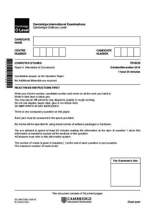  Computer Studies 7010/33 Oct Nov 2014 | Cambridge O-Level Past Papers With Mark Scheme