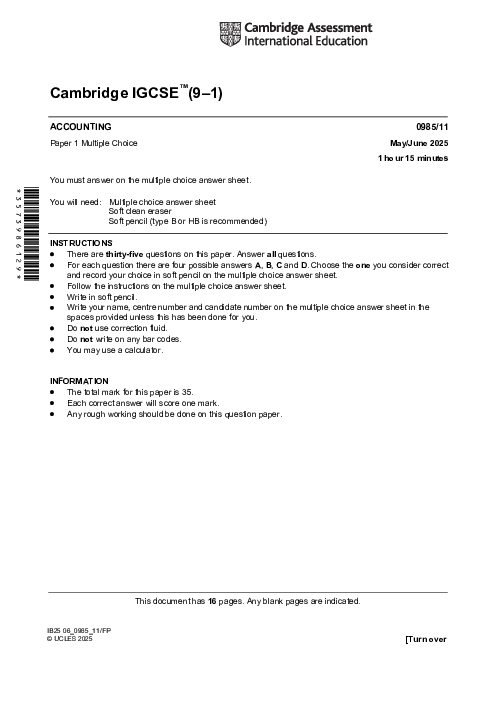 Accounting 0985/11 May June 2025